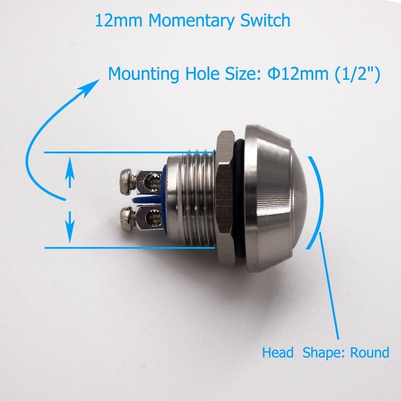 Jufay Momentary Push Button Switch, URTONE UR123, 1NO SPST DC/AC 36V 2A Stainless Steel Metal Shell Suitable for 12mm 1/2" Mounting Hole - Silver - Image 4